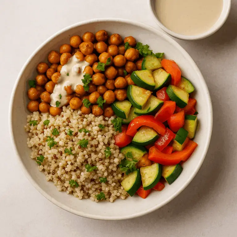 Gebratene Kichererbsen-Quinoa-Bowl mit Tahini-Dressing