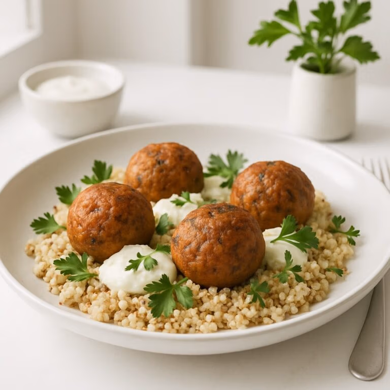 Fermentierte Myzel-Bällchen auf Sonnenblumenprotein-Quinoa