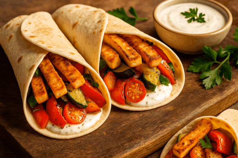 Vegane Halloumi-Style Wraps mit Knoblauch-Joghurt und Ofengemüse