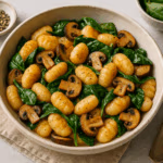 Vegane Gnocchi-Pfanne mit Pilzen und Spinat