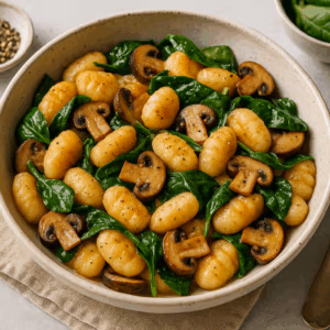 Vegane Gnocchi-Pfanne mit Pilzen und Spinat