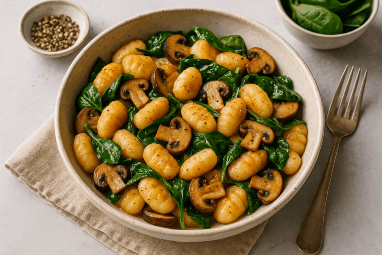 Vegane Gnocchi-Pfanne mit Pilzen und Spinat