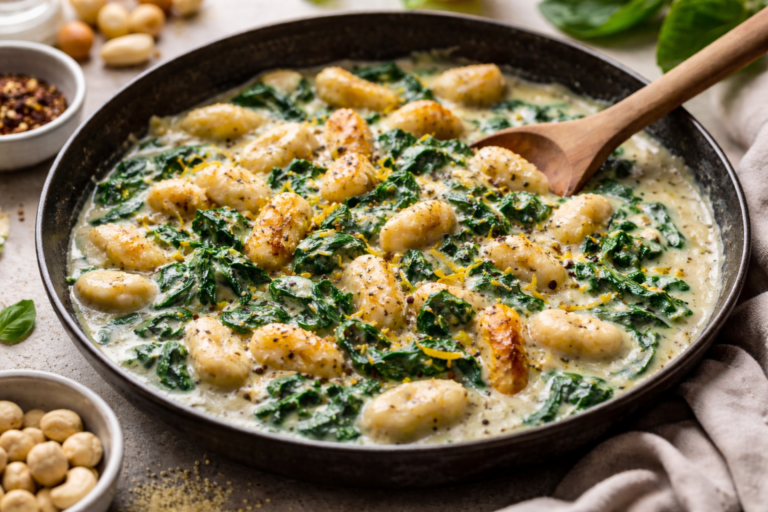 Vegane Zitronen-Gnocchi-Pfanne mit Spinat & Cashewcreme