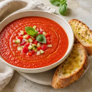 Vegane Gazpacho mit geröstetem Knoblauch-Brot