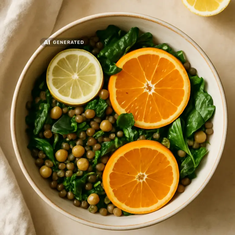 Eisen und Vitamin C kombinieren: Schüssel mit Linsen, Kichererbsen und Zitrusfrüchten