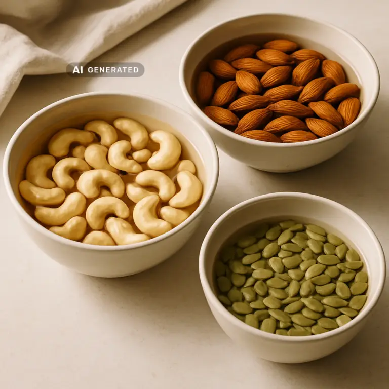Schalen mit Cashewkernen und Mandeln beim Nüsse und Saaten einweichen