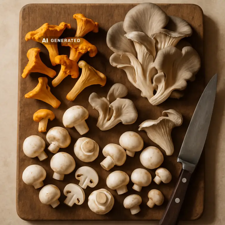Verschiedene Pilzsorten für Pilze in der veganen Küche auf einem Holzbrett