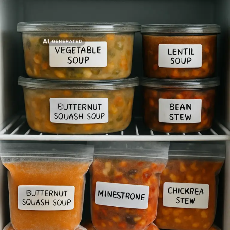 Beschriftete Gläser und Gefrierbeutel mit veganen Suppen und Eintöpfen im Gefrierfach