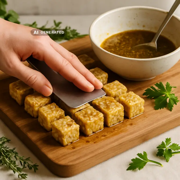 Tempeh richtig zubereiten: Hände marinieren angeschnittene Tempeh-Würfel mit Sojasauce-Marinade auf einem Holzbrett