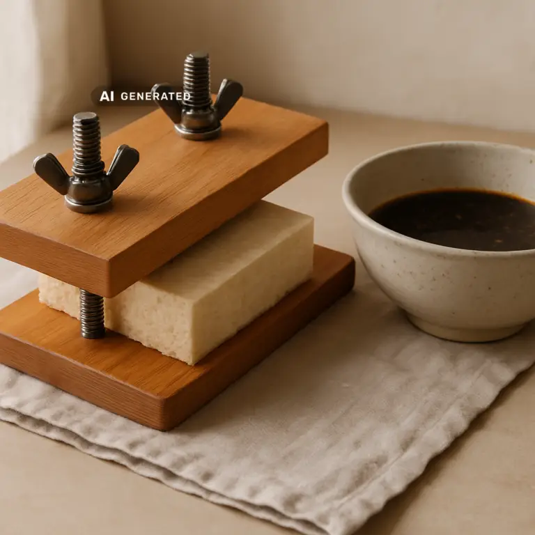 Tofu wird in einer Tofupresse gepresst, daneben eine Marinade in einer Schale