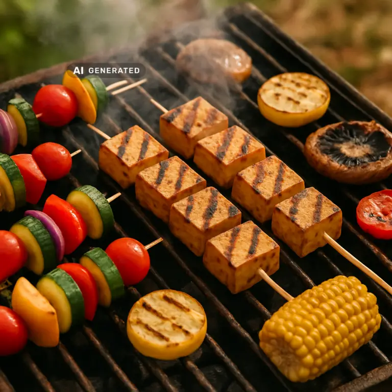 Mariniertes Tofu und Gemüse beim vegan grillen auf dem heißen Rost
