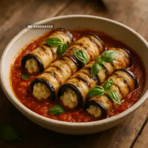 Vegane Auberginen-Involtini gefüllt mit Cashew-Ricotta in Tomatensauce mit frischem Basilikum