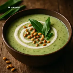 Vegane Bärlauch-Kartoffelsuppe mit gerösteten Pinienkernen und Cashewcreme in einer Schüssel