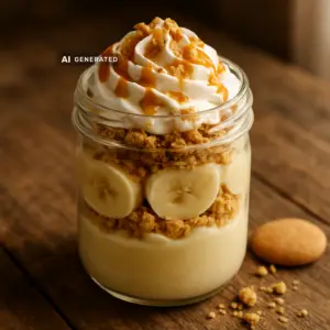 Vegane Bananen-Pudding-Gläser mit Karamell-Keks-Crunch im Einmachglas