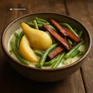 Vegane Birnen, Bohnen und Speck in einer Schüssel, appetitlich angerichtet auf einem rustikalen Holztisch