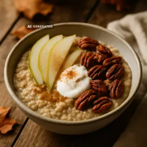 Vegane Birnen-Hafer-Bowl mit Zimt, Birnenscheiben und Karamell-Pekannüssen in einer Schale