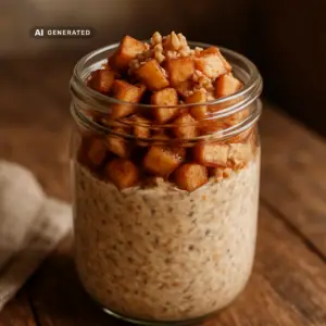 Vegane Bratapfel-Overnight-Oats mit Zimt-Walnuss-Krokant im Glas