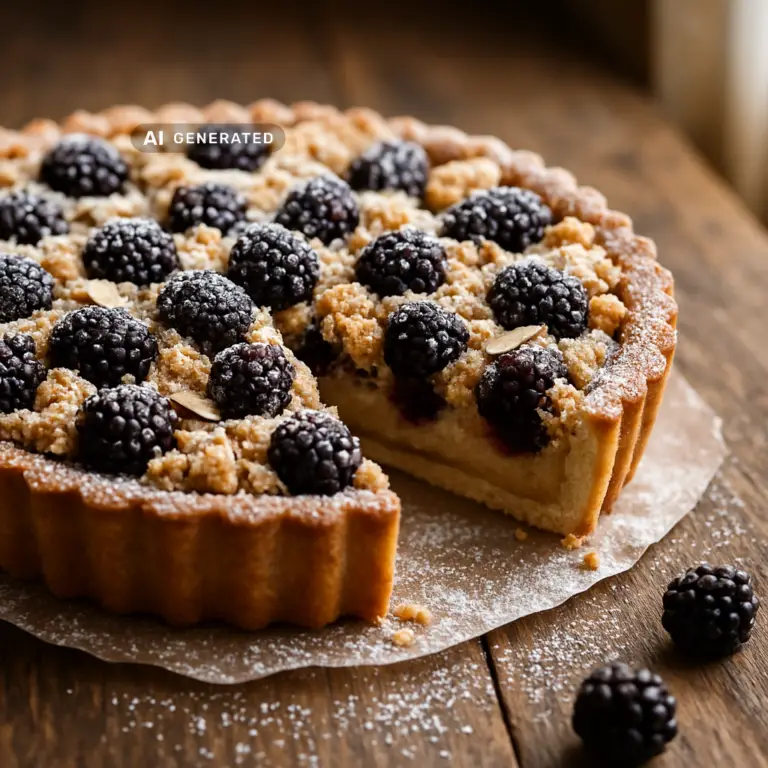 Vegane Brombeer-Tarte mit Frangipane und Mandelstreuseln, angeschnitten auf einem Holztisch serviert