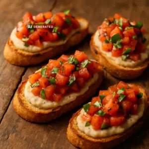 Vegane Bruschetta mit Tomaten und weißem Bohnenpüree auf geröstetem Baguette