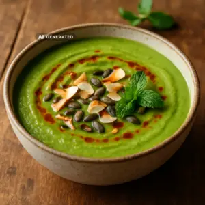 Vegane Erbsen-Minze-Suppe mit Kokosmilch in einer Schüssel, garniert mit geröstetem Kokos-Crunch und Kürbiskernen