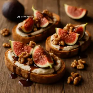 Vegane Feigen-Crostini mit cremigem Cashewkäse, Feigenvierteln, Walnüssen und Ahorn-Balsamico-Reduktion auf einem Holztisch
