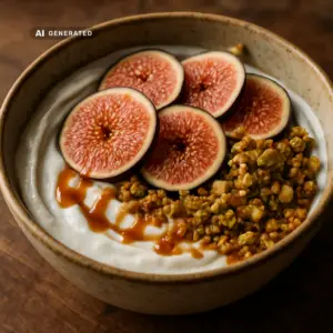 Vegane Feigen-Joghurt-Bowl mit Pistazien-Karamell und frischen Feigenscheiben