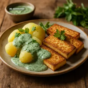 Vegane Frankfurter Grüne Soße mit Salzkartoffeln in einer Schüssel, appetitlich angerichtet auf einem rustikalen Holztisch