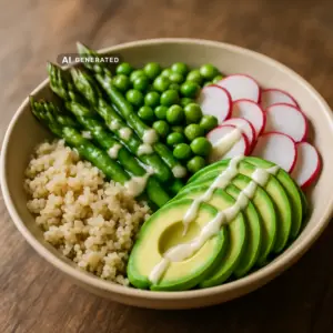 Vegane Frühlings-Bowl mit grünem Spargel, Erbsen, Avocado und Zitronen-Tahini-Dressing