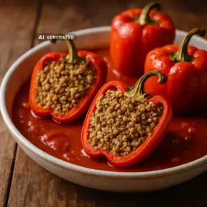 vegane gefüllte Paprika mit Hirse-Walnuss-Füllung in Tomatensauce