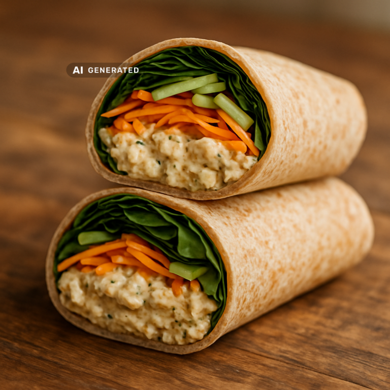 Vegane Hüttenkäse-Wraps mit Kichererbsen, Spinat und Karotte, diagonal aufgeschnitten