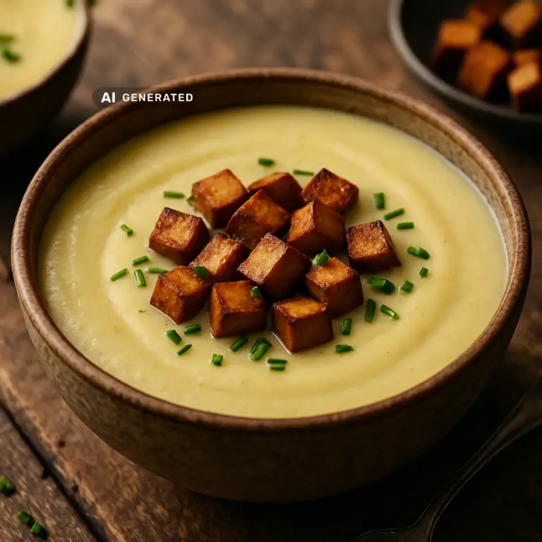 Vegane Kartoffel-Lauch-Suppe mit Räuchertofu-Crunch – Vegonaut Rezeptfoto