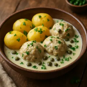 Vegane Königsberger Klopse mit Kapernsauce in einer Schüssel, serviert mit Salzkartoffeln