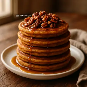 Vegane Kürbis-Pancakes mit Ahorn-Pekannüssen, gestapelt und mit Ahornsirup beträufelt