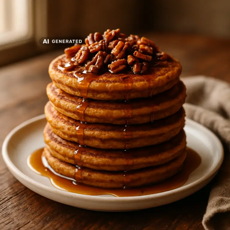 Vegane Kürbis-Pancakes mit Ahorn-Pekannüssen, gestapelt und mit Ahornsirup beträufelt