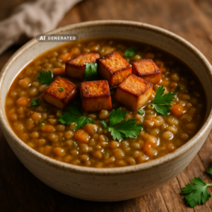 Vegane Linsensuppe mit knusprigem Rauchtofu und frischer Petersilie in einer rustikalen Schüssel