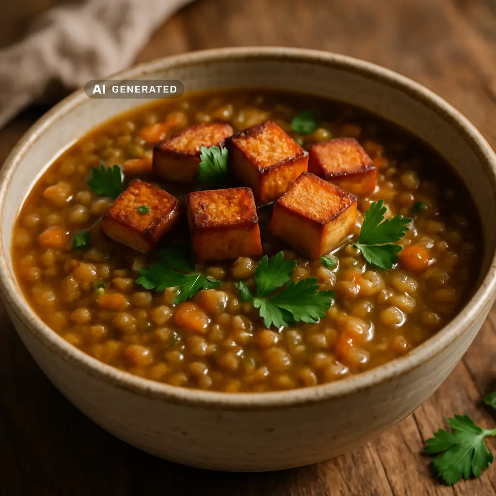 Vegane Linsensuppe mit knusprigem Rauchtofu und frischer Petersilie in einer rustikalen Schüssel