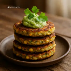 Vegane Mais-Zucchini-Puffer mit Limetten-Avocado-Dip, knusprig gebraten und gestapelt