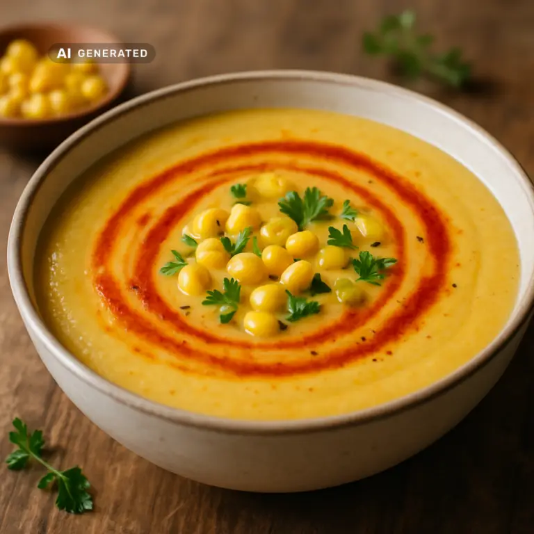 Vegane Maiscremesuppe mit geräuchertem Paprika-Öl in einer Schüssel