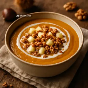 Vegane Maronen-Kürbis-Suppe mit Apfel-Walnuss-Crunch in einer Schale