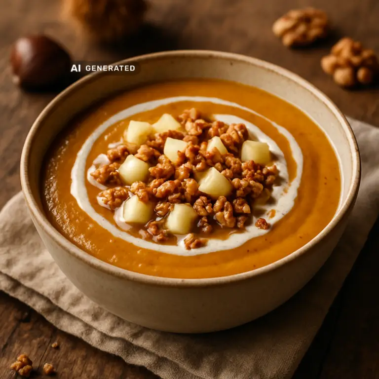 Vegane Maronen-Kürbis-Suppe mit Apfel-Walnuss-Crunch in einer Schale