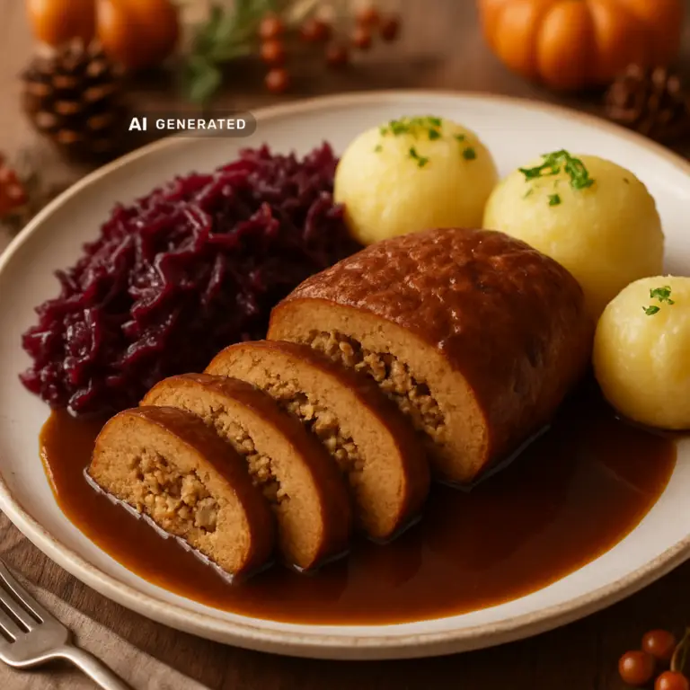 Vegane Martinsgans aus Seitan mit Rotkohl und Kartoffelklößen auf einer Servierplatte