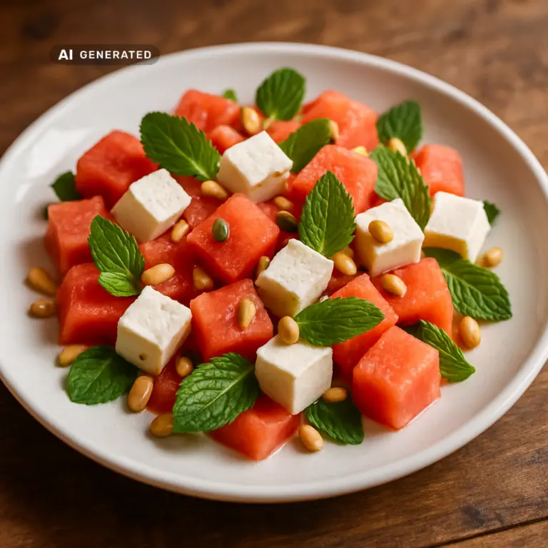 Vegane Melonen-Feta-Salat mit Minze und Pinienkernen in einer Schüssel, appetitlich angerichtet auf einem rustikalen Holztisch