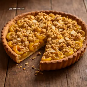Vegane Mirabellen-Tarte mit Mandelstreuseln in einer Schüssel, appetitlich angerichtet auf einem rustikalen Holztisch