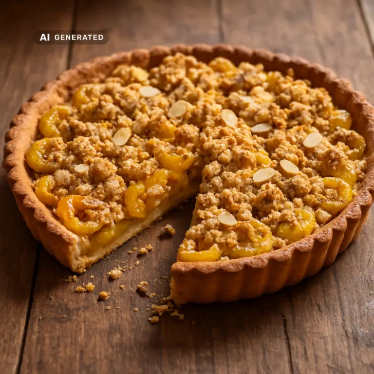 Vegane Mirabellen-Tarte mit Mandelstreuseln in einer Schüssel, appetitlich angerichtet auf einem rustikalen Holztisch