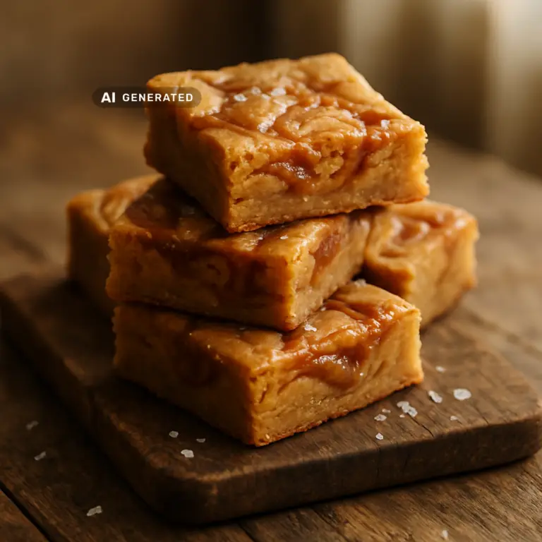 Vegane Miso-Karamell-Blondies – appetitlich angerichtet, KI-generiertes Bild
