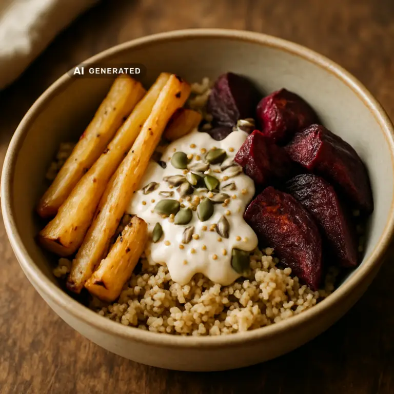 vegane Ofengemüse-Bowl mit gerösteten Pastinaken, Rote Bete und Tahin-Dressing in einer Keramikschale