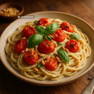 Vegane Ofentomaten-Pasta mit geröstetem Knoblauch und Kräuter-Cashewcreme in einer Schüssel, garniert mit Pinienkernen und Basilikum