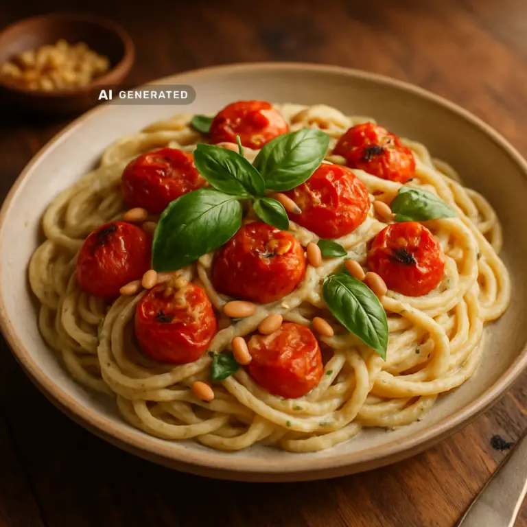 Vegane Ofentomaten-Pasta mit geröstetem Knoblauch und Kräuter-Cashewcreme in einer Schüssel, garniert mit Pinienkernen und Basilikum