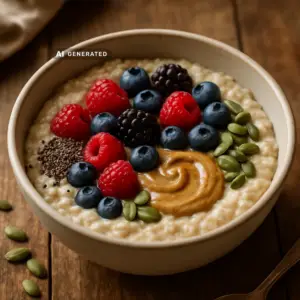 Vegane Porridge-Bowl mit Chia, Leinsamen und Beeren – Vegonaut Rezeptfoto