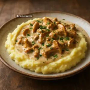 Vegane Rahmpfifferlinge in cremiger Sauce mit Petersilie auf samtigem Kartoffelstampf angerichtet